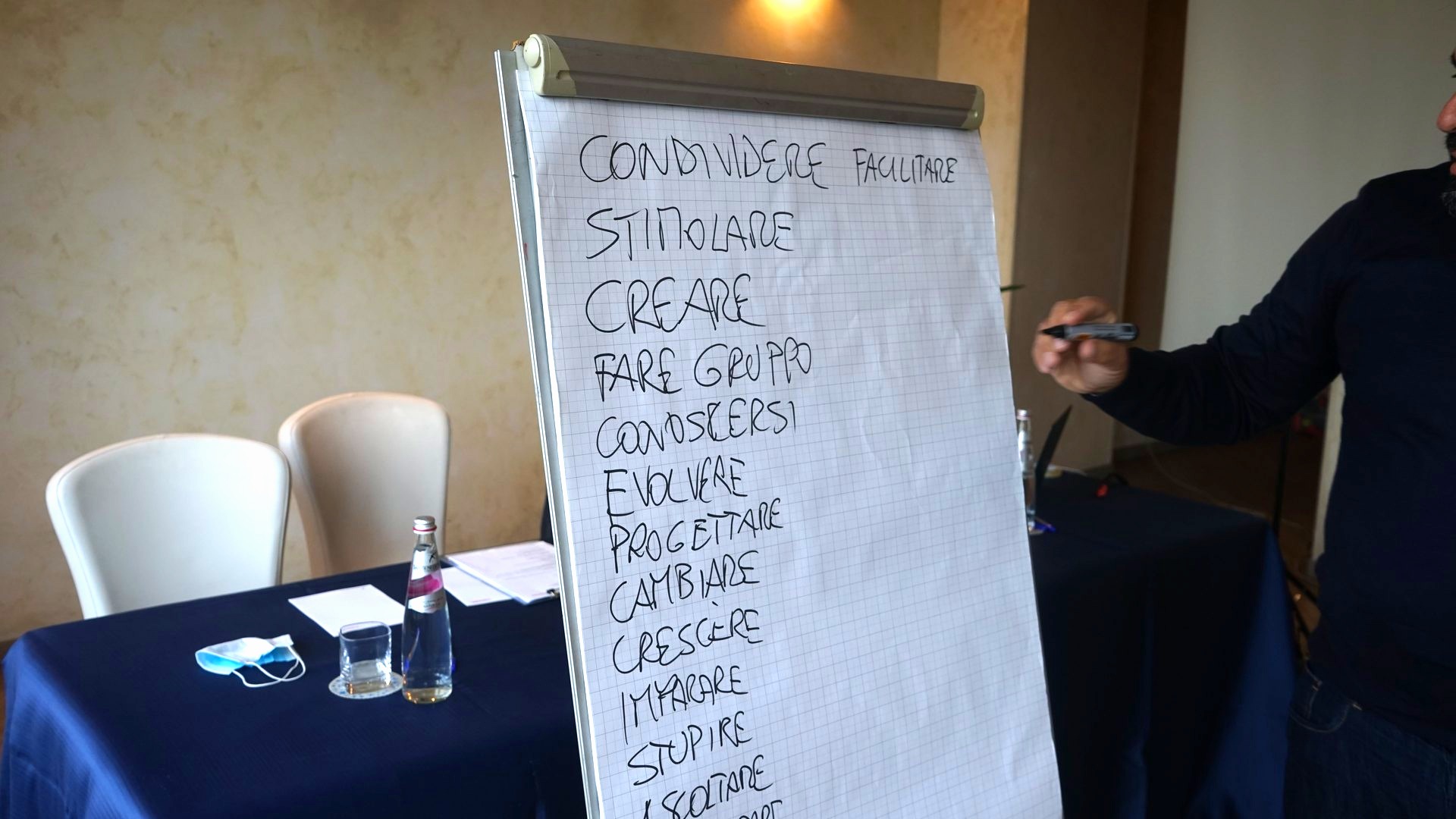 Lavagna con i verbi del lavoro di gruppo: condividere, stimolare, creare, fare gruppo